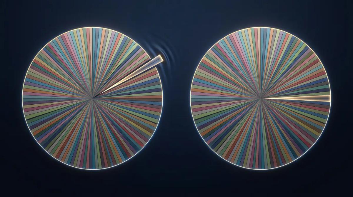 Pie chart divided into 100 equal segments representing FTSE 100 constituents, each segment a different shade