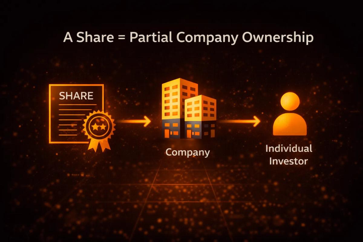 Diagram showing how buying a share gives investors partial ownership in a company