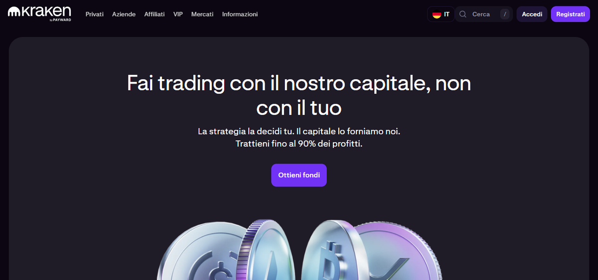 Homepage di Kraken Prop con panoramica del programma di prop trading e call to action