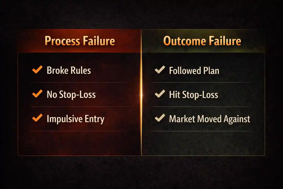 Two-column comparison infographic showing process failure versus outcome failure in trading