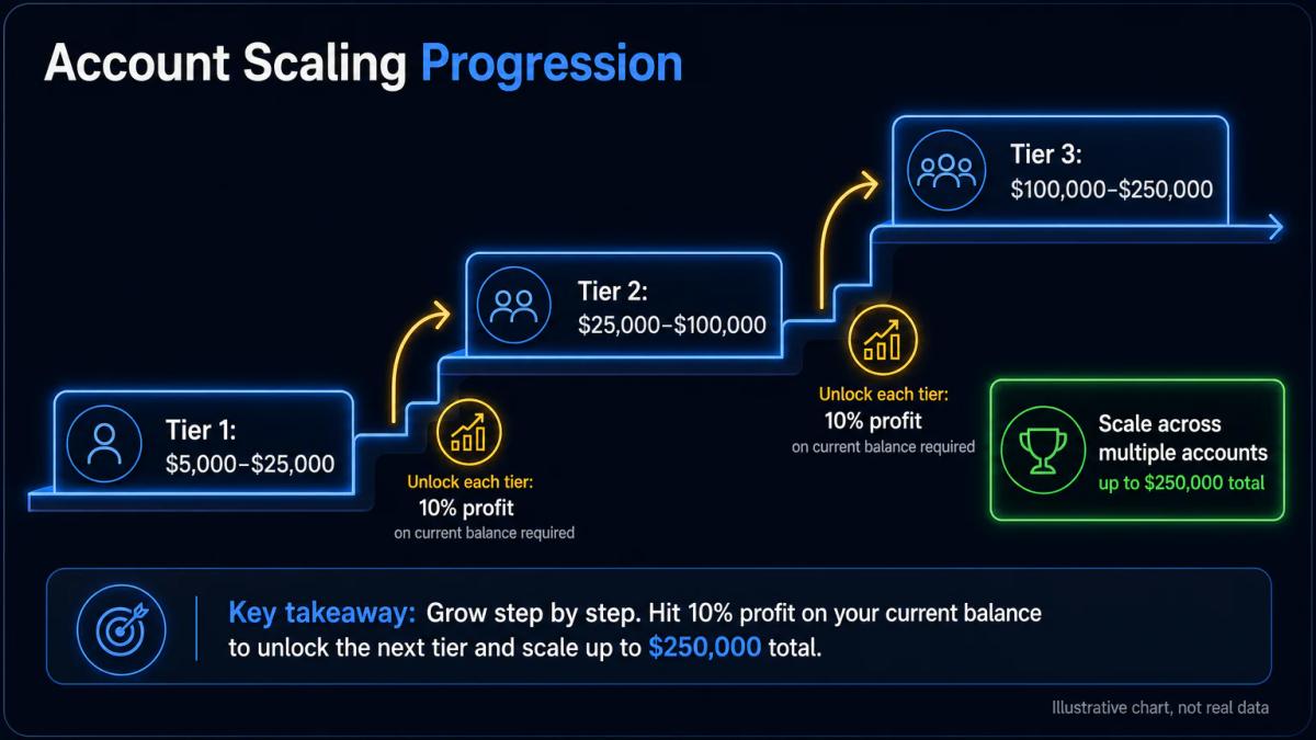 Staircase of rising account balances showing progression from $5,000 to $250,000 across scaling tiers