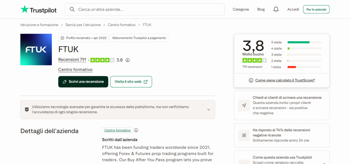 Profilo Trustpilot di FTUK con valutazione media e recensioni recenti