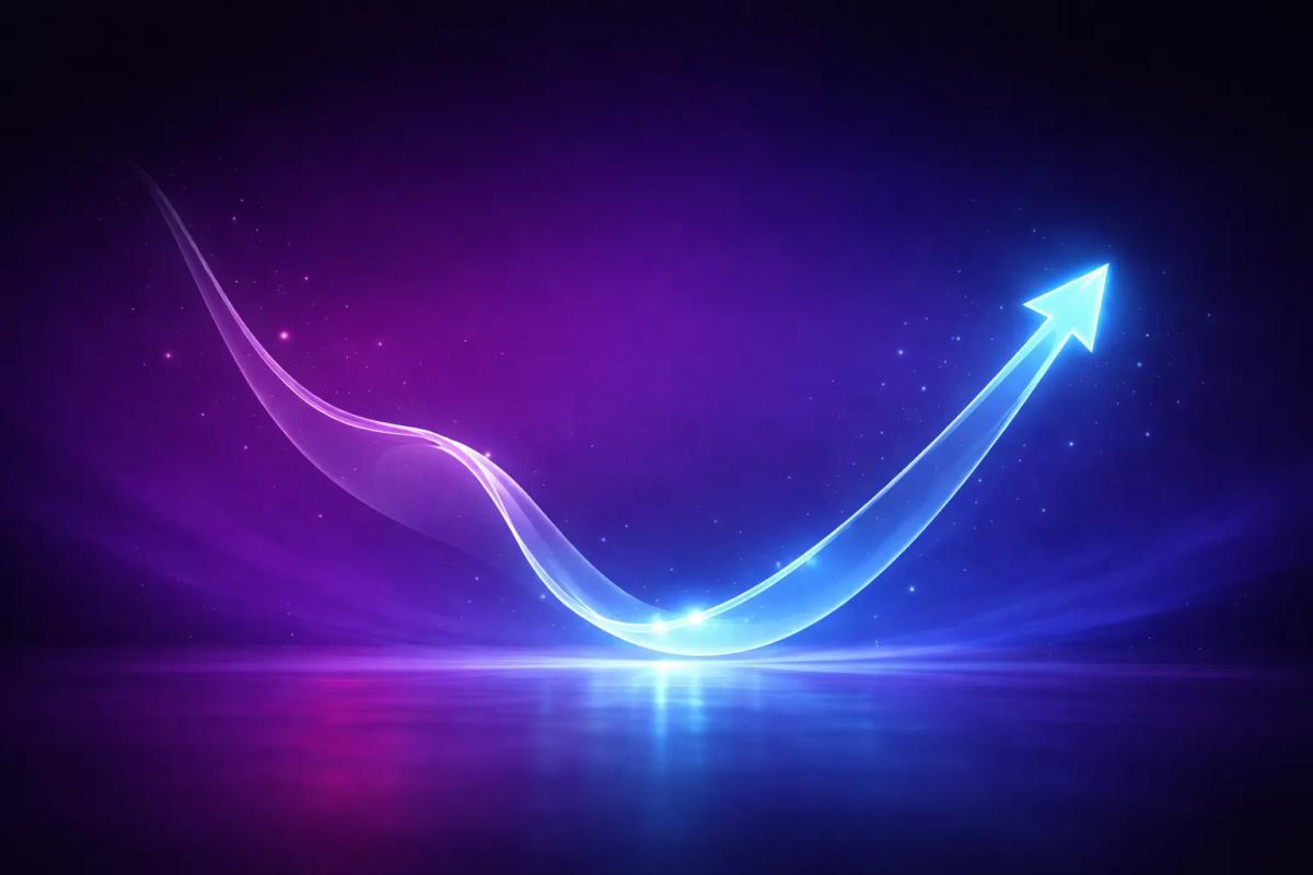 Curva de drawdown en trading representada como gráfico 3D en cristal sobre fondo púrpura