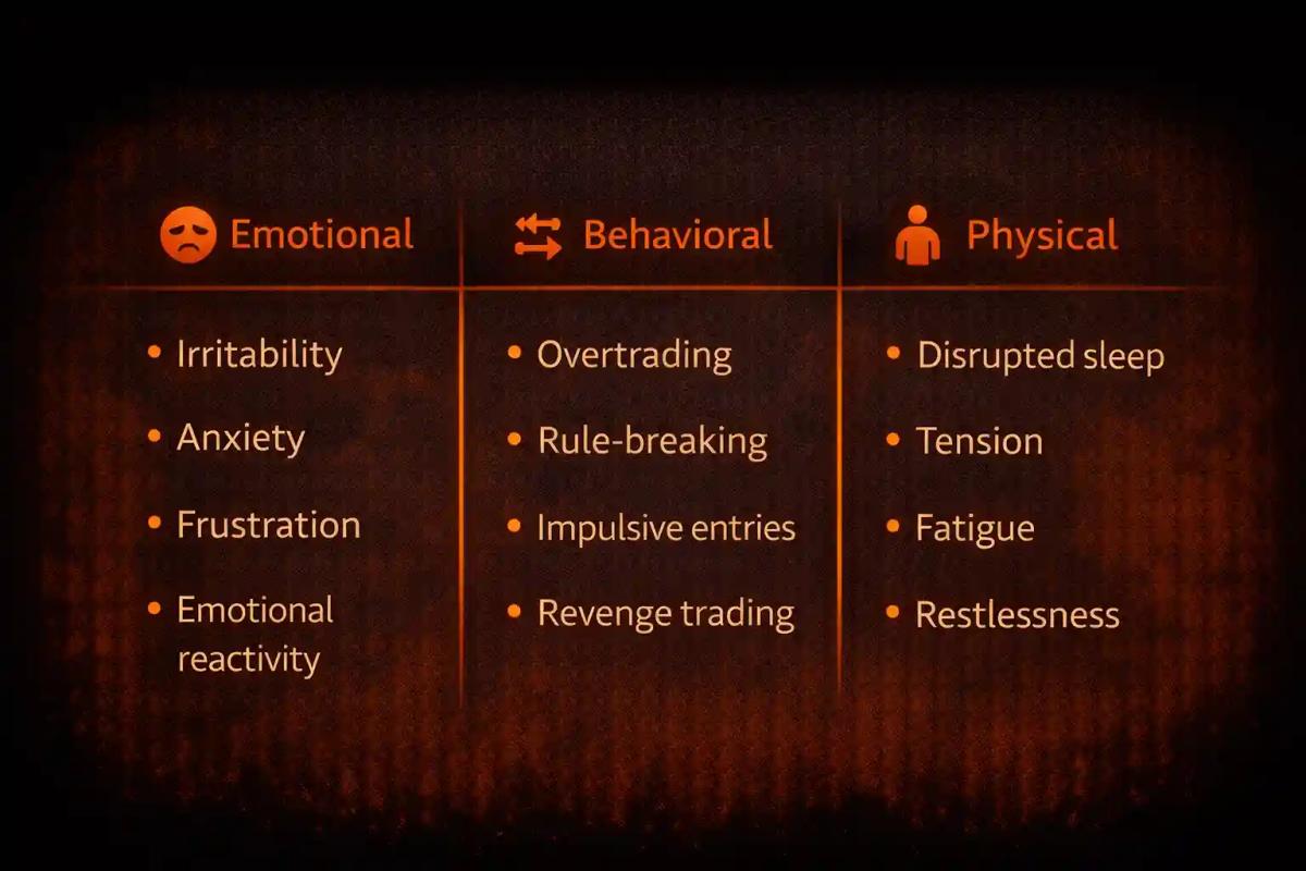 Three-column infographic showing emotional behavioral and physical warning signs of trading stress