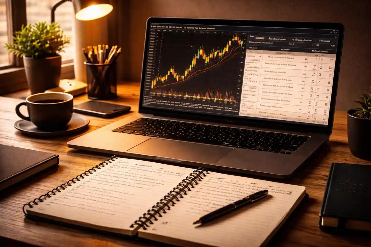 Trading journal workspace with laptop showing trading charts next to a notebook