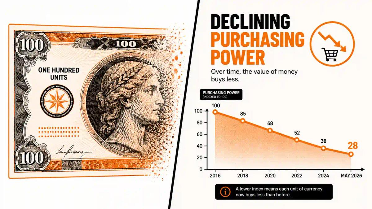 Chart showing currency debasement signs including declining purchasing power over time