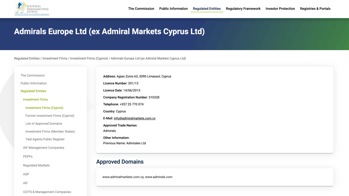 Registro CySEC con la licenza 201/13 di Admirals Cyprus Ltd