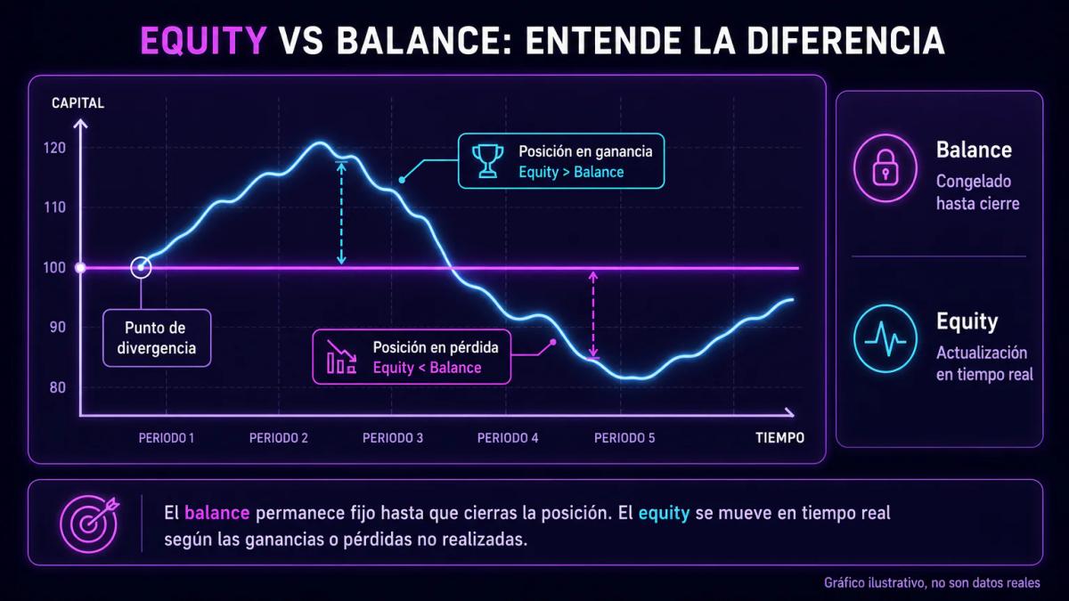 Dos líneas de evolución: balance plana y equity oscilante, divergencia creciente con posición abierta