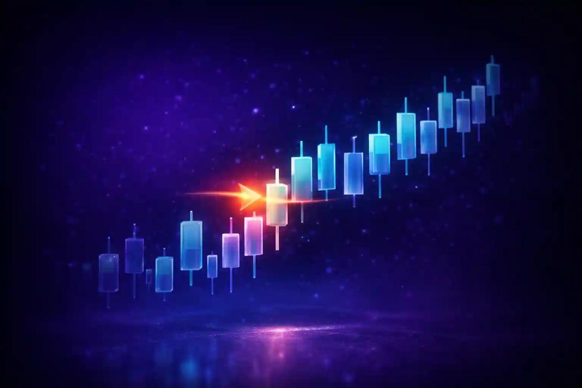 Gráfico de velas japonesas 3D mostrando entrada anticipada antes de confirmación