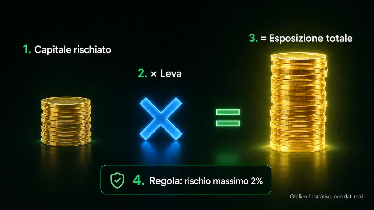 Tre colonne di monete di altezza crescente che mostrano capitale, leva e esposizione totale
