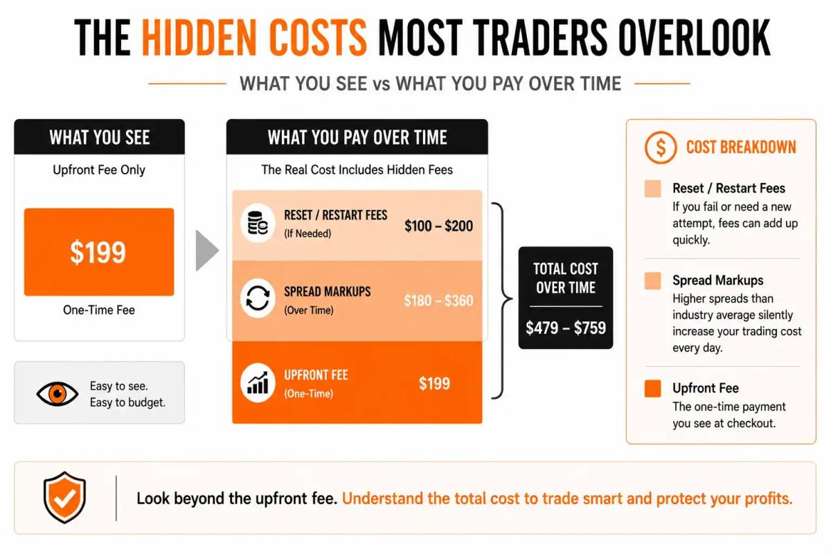 Hidden costs in prop firm accounts: spread markups, reset fees, and total cost breakdown