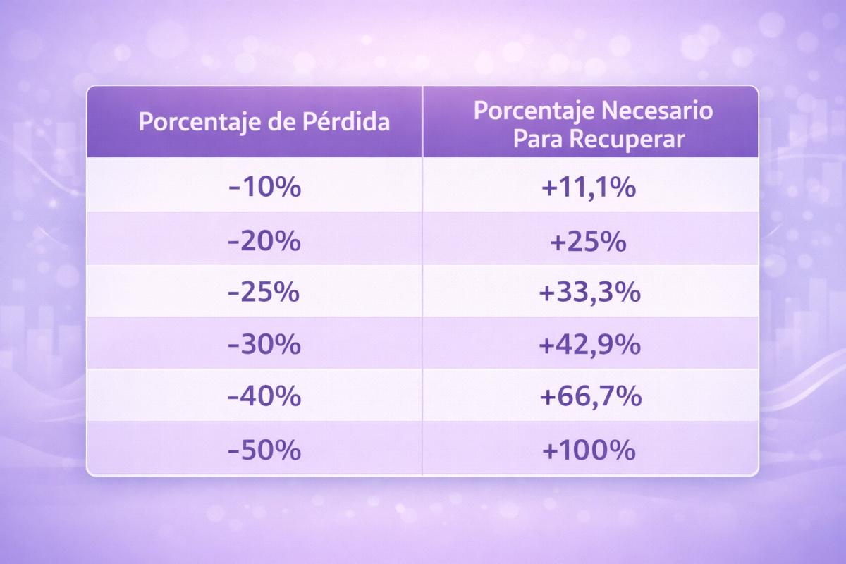 Tabla de porcentaje de pérdida vs porcentaje necesario para recuperar capital en trading