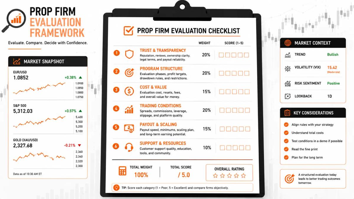 Clean conceptual illustration of a checklist or evaluation framework against a trading/financial backdrop, suggesting methodical decision-making