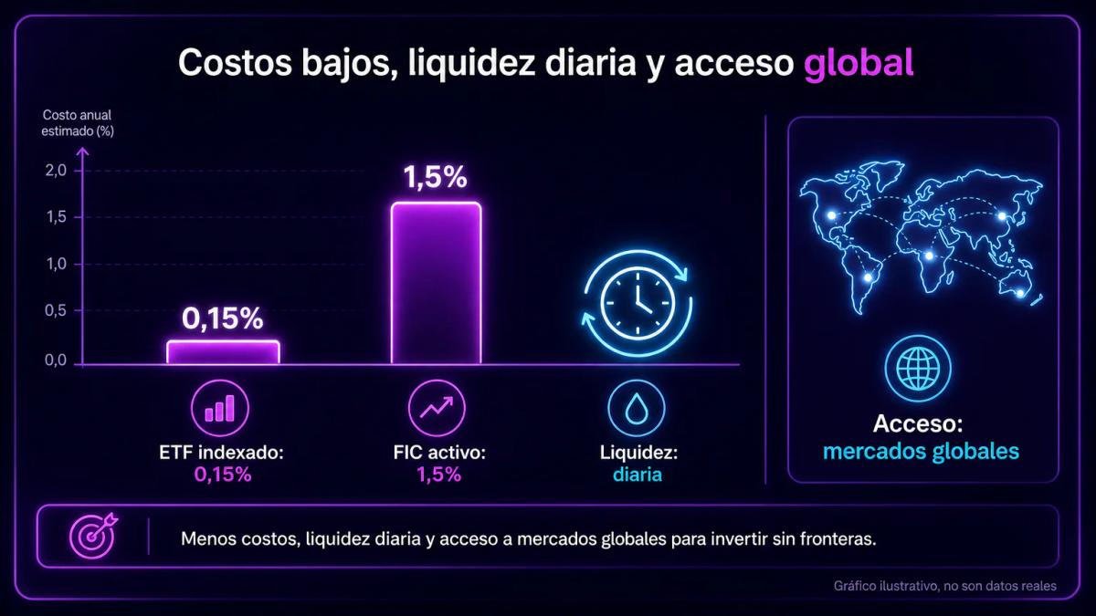 Comparación visual de tres barras: comisión de ETF indexado, comisión de fondo colectivo activo y liquidez diaria