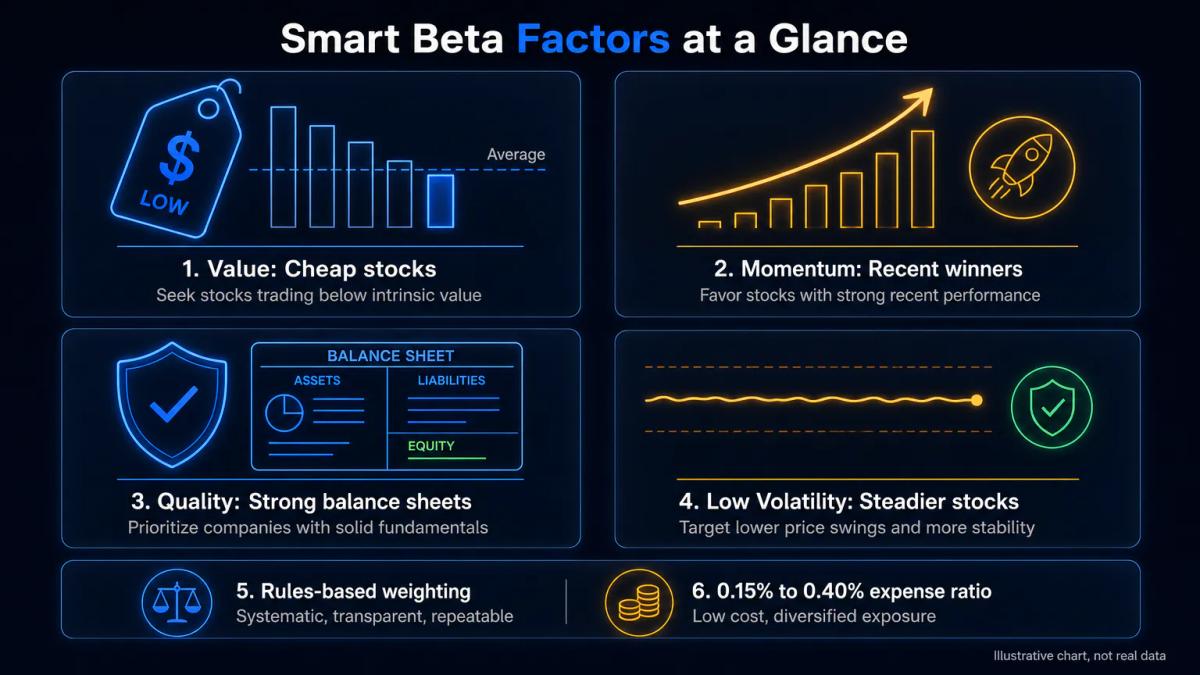 Four factor boxes showing value, momentum, quality, and low volatility as distinct stock characteristics with example metrics