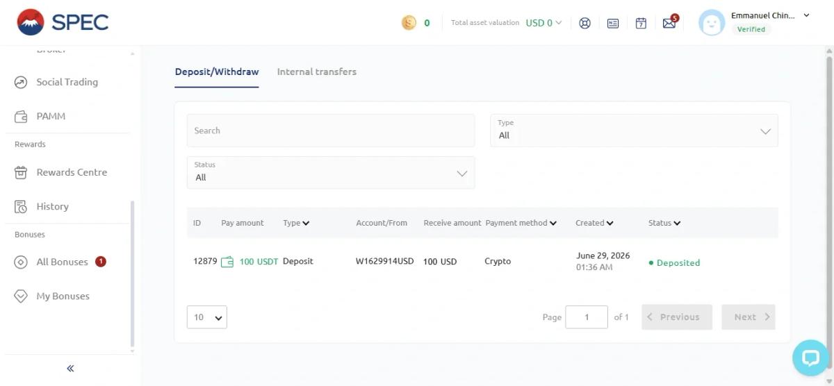 The Spec Markets client portal showing a 100 USDT crypto deposit credited as 100 USD