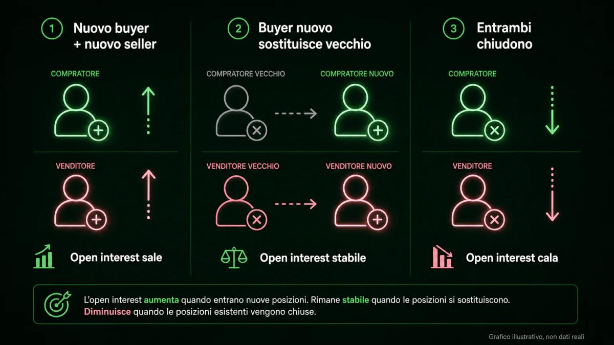 Tre scenari di contratti futures che mostrano come open interest aumenta, rimane stabile e diminuisce