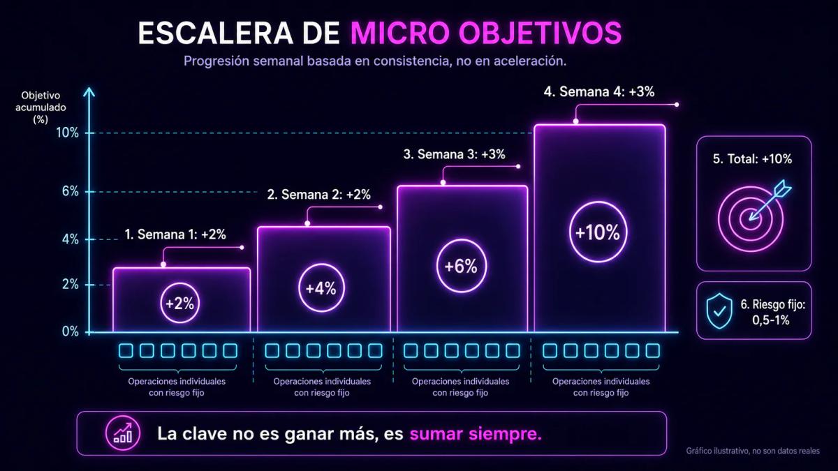 Desglose de profit target del 10% en micro objetivos semanales de 2-3% con riesgo fijo por operación del 0,5-1%