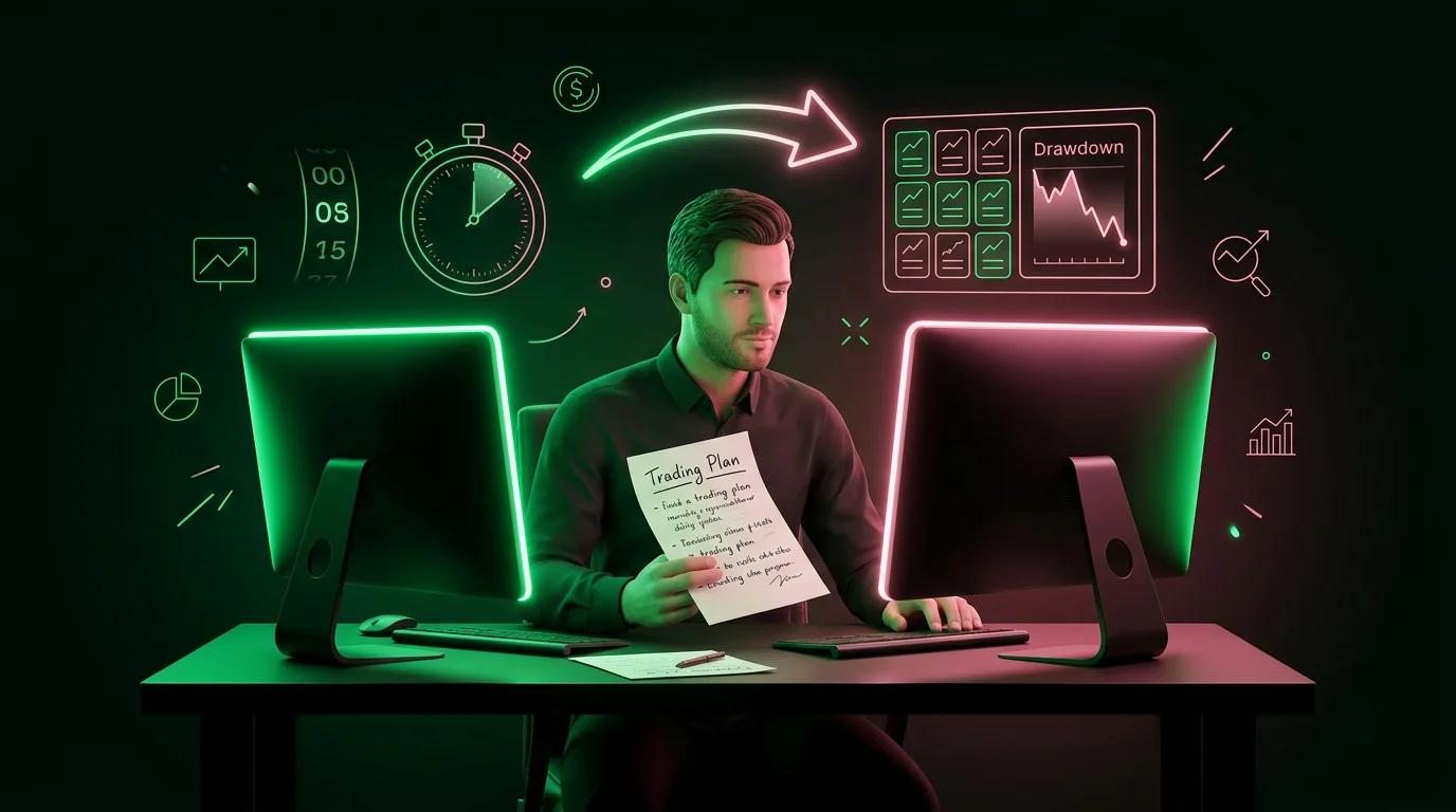 Trader che esegue un piano scritto con precisione cronometrica, circondato da metriche e limiti di rischio visibili