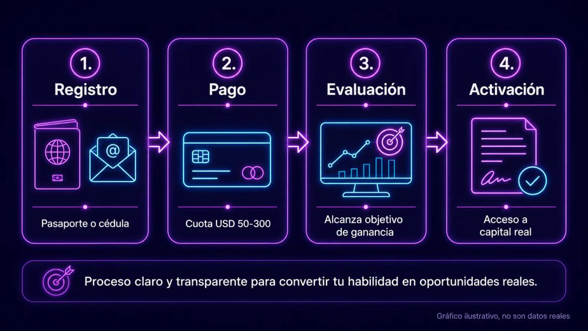 Flujo de cuatro pasos: registro, pago de evaluación, fase de prueba, acceso a capital real