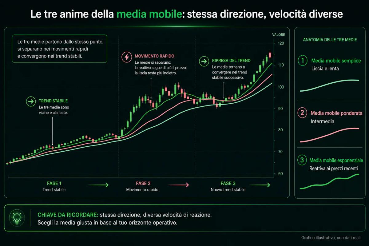 Grafico editoriale che confronta tre metodi di calcolo delle medie mobili: semplice, esponenziale e ponderata su una stessa s