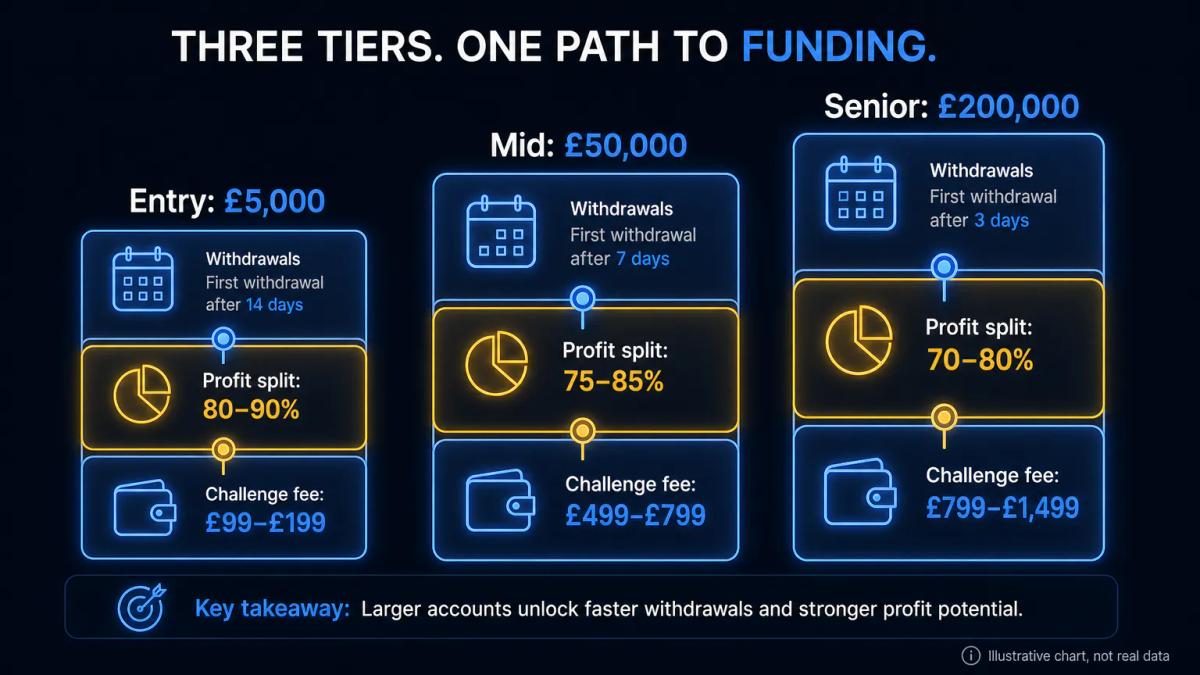 Comparison table showing account tiers from £5,000 to £200,000 with corresponding profit splits and challenge fees