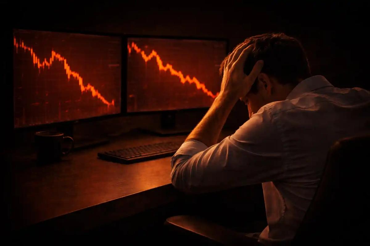 Frustrated trader at multi-screen desk with red candlestick charts showing losses