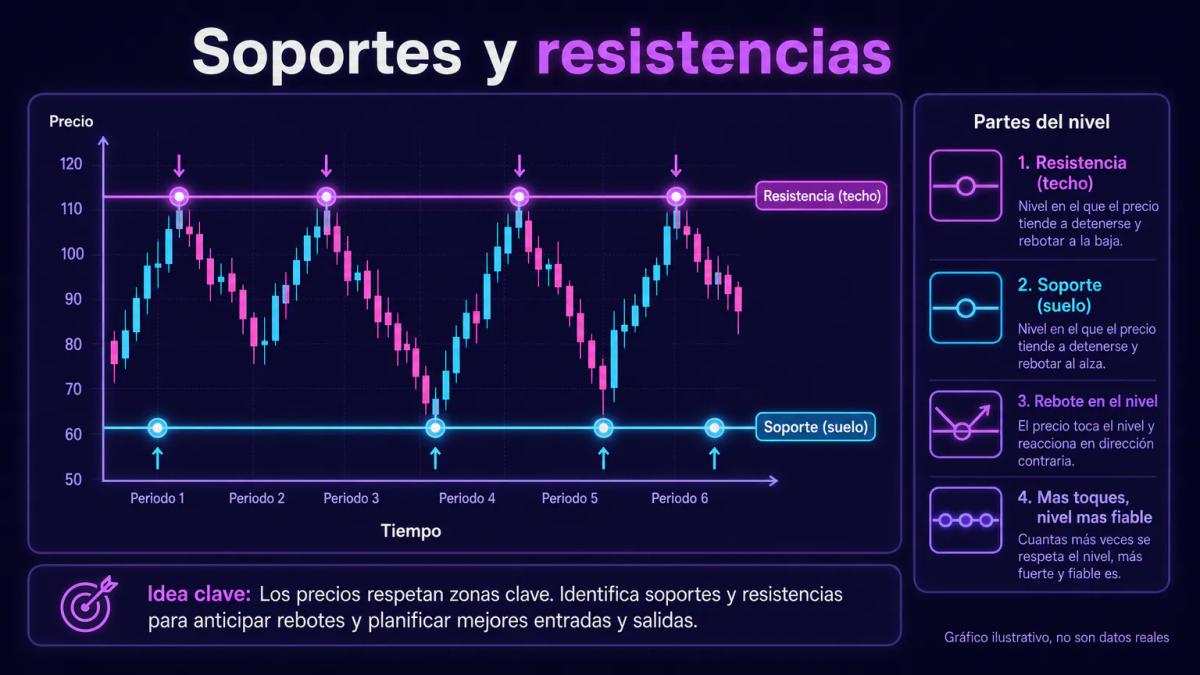 Grafico ilustrativo de soporte y resistencia con el precio rebotando entre ambos niveles varias veces