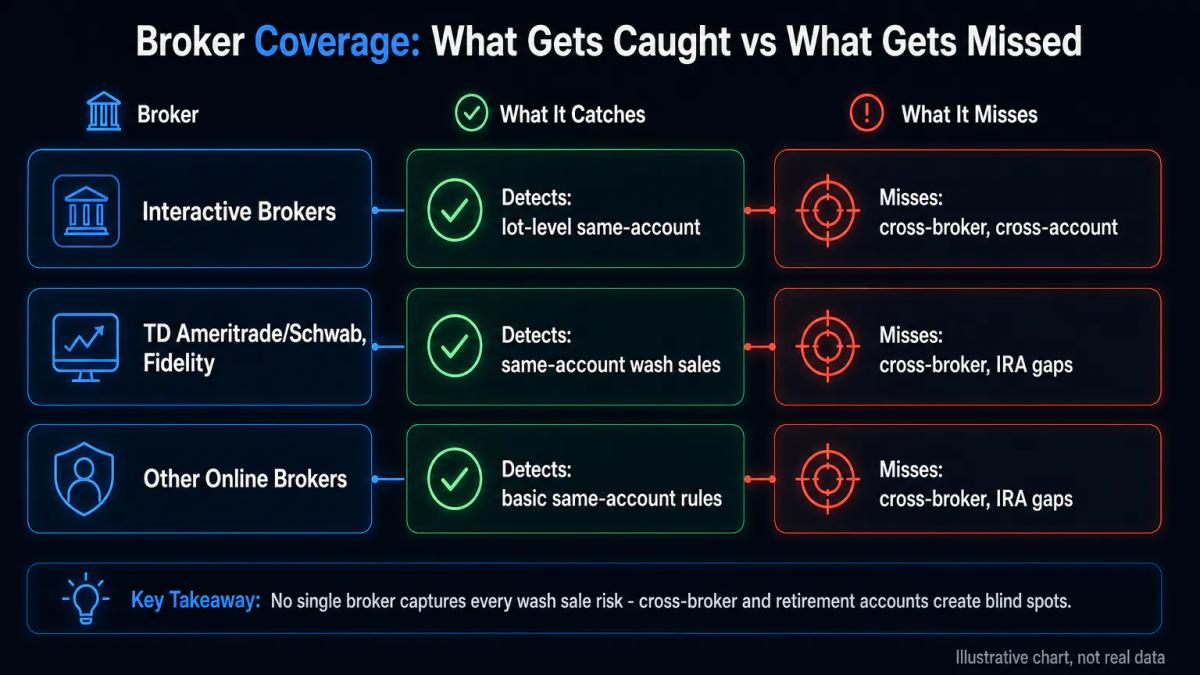 Comparison table of three broker platforms showing wash sale tracking coverage: same-account detection, cross-account gaps, a