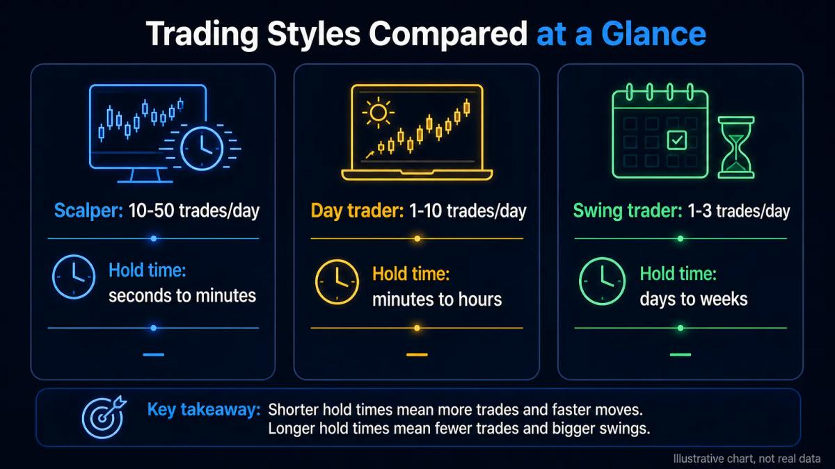 Comparison table showing scalper, day trader, and swing trader with typical daily trade counts and hold times