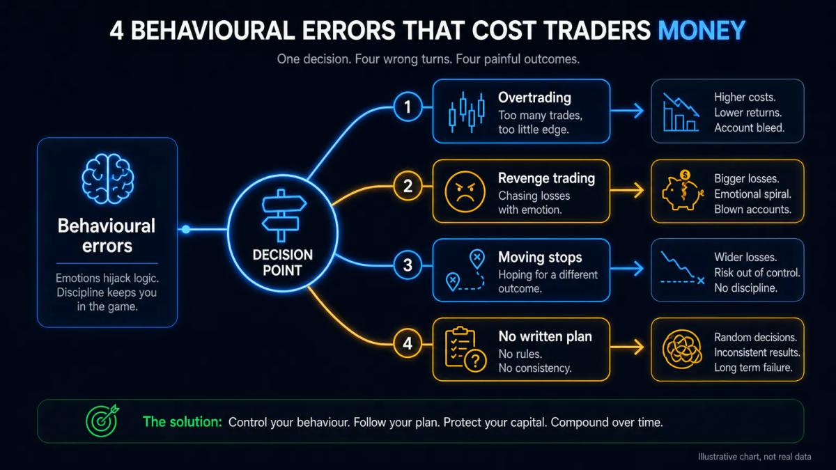 Four error paths branching from a trading decision point, labeled overtrading, revenge trading, moving stops, and no plan