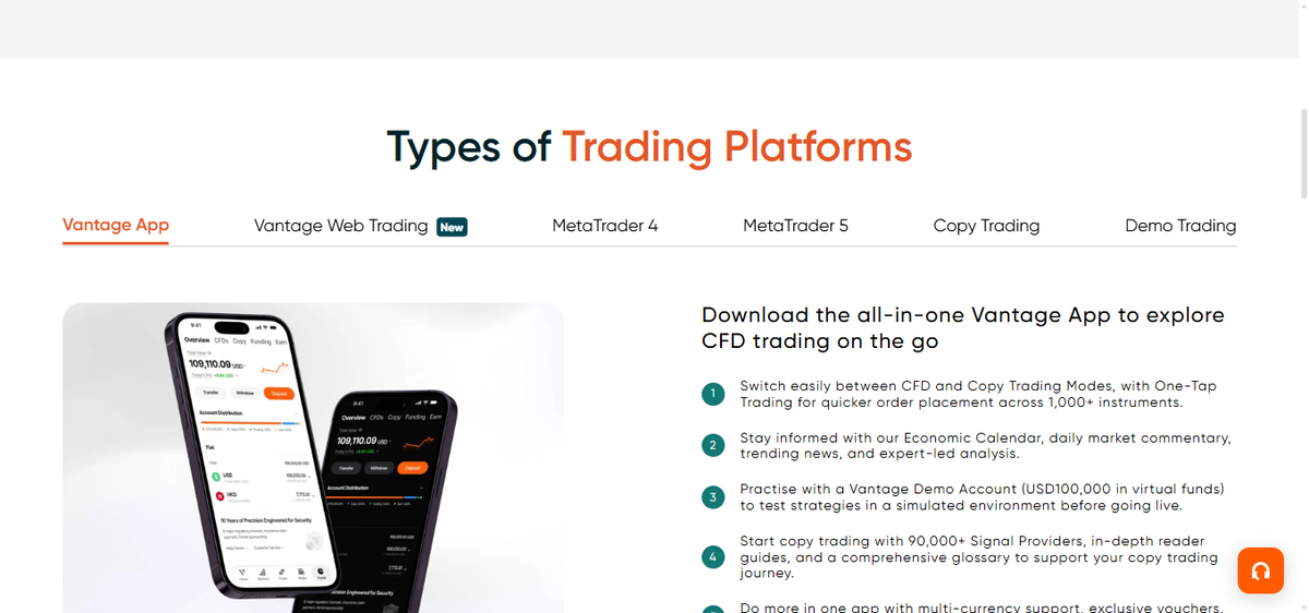 Sezione piattaforme Vantage con MT4, MT5 e WebTrader in evidenza