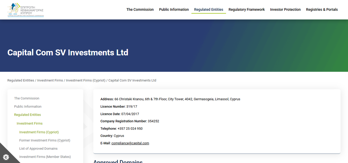 Pagina del registro CySEC che mostra la licenza 319/17 di Capital Com SV Investments Ltd
