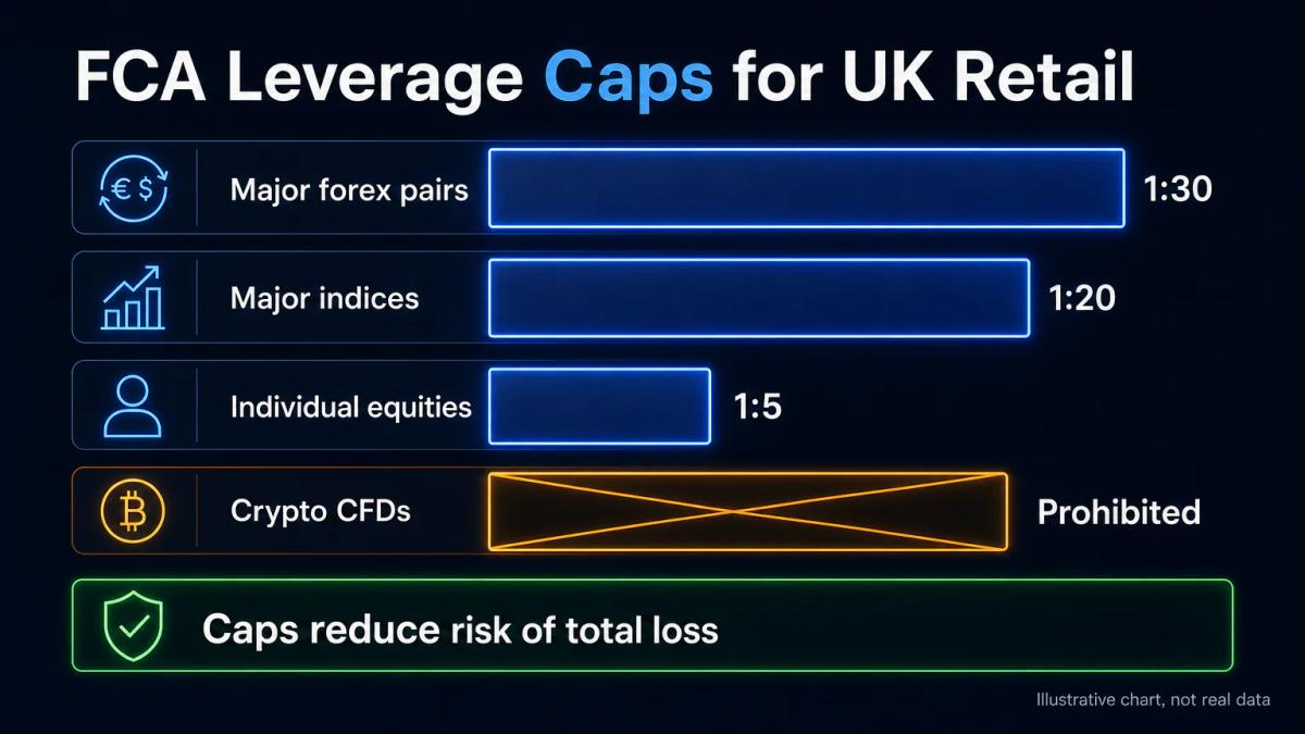 Bar chart comparing FCA leverage limits: 1:30 for forex, 1:20 for indices, 1:5 for equities, crypto prohibited