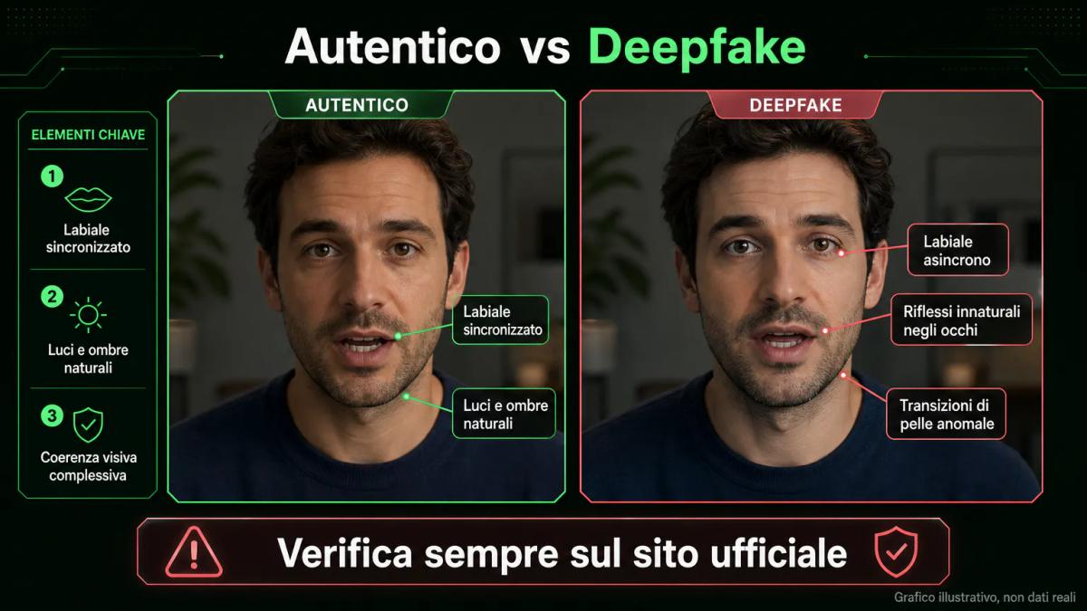 Confronto tra un video autentico di una personalità e una versione deepfake con indicatori di falsità visibili