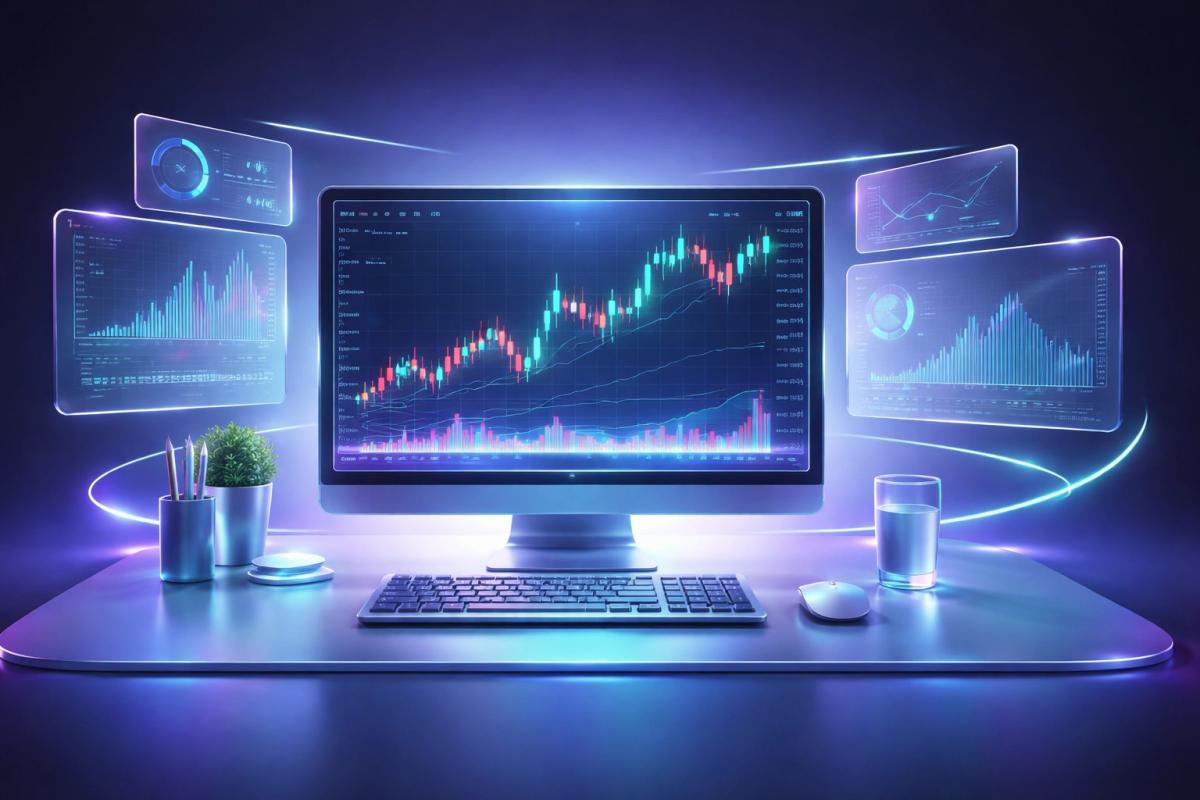 Escritorio de trading minimalista con pantalla de gráficos, taza de café y cuaderno, renderizado 3D en tonos púrpura y azul