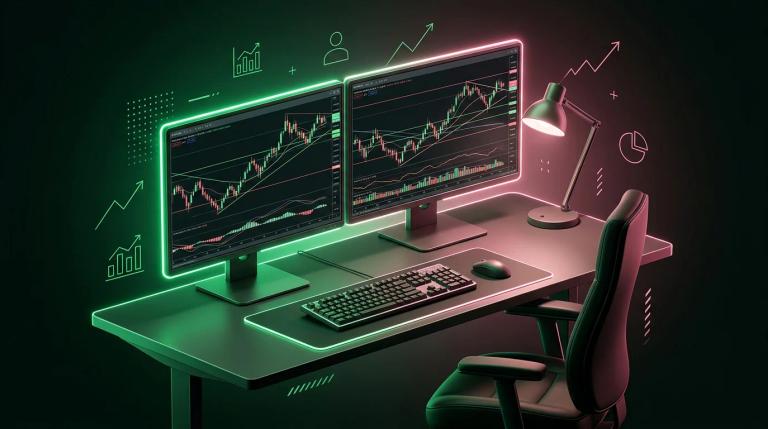 Scrivania da trader con doppio monitor, tastiera meccanica, sedia ergonomica e lampada da lavoro in ambiente luminoso