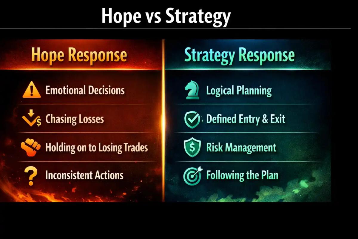 Two-column comparison graphic contrasting hope-based trading responses with strategy-based trading responses