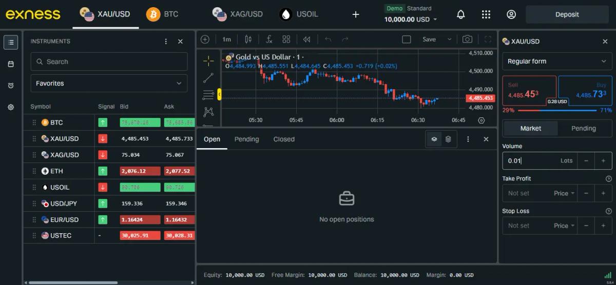 Exness Terminal trading platform interface showing charts, instrument panel, and order execution tools