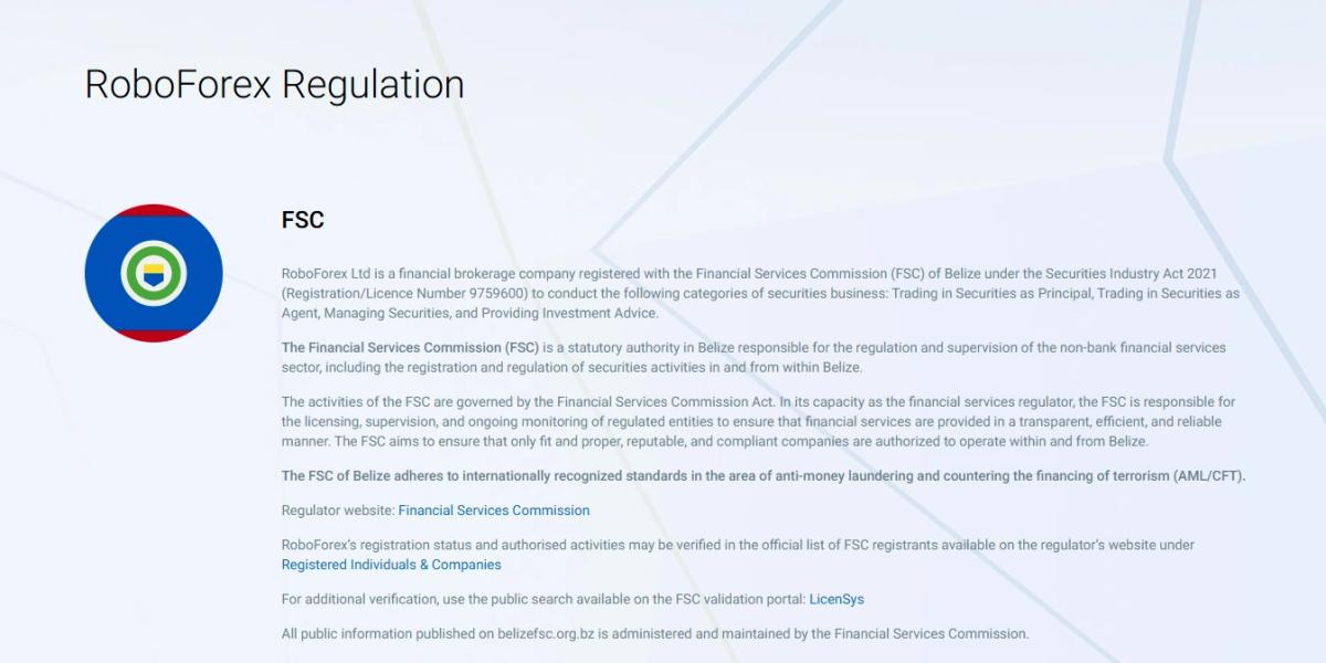 Licencia FSC Belize de RoboForex número 9759600 en página oficial del broker