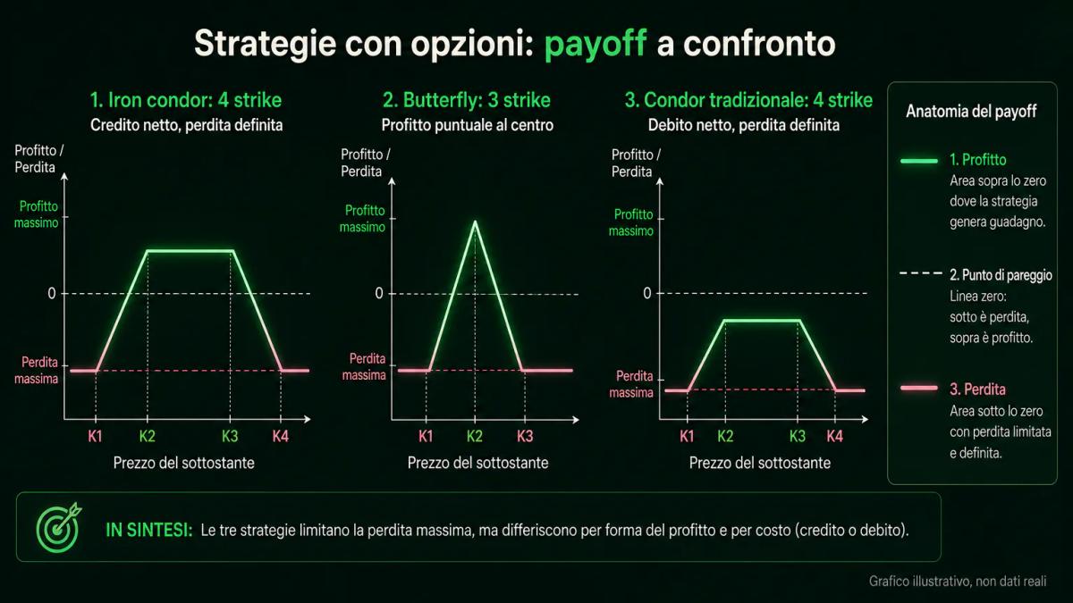 Tre diagrammi di payoff affiancati che confrontano iron condor, butterfly e condor tradizionale