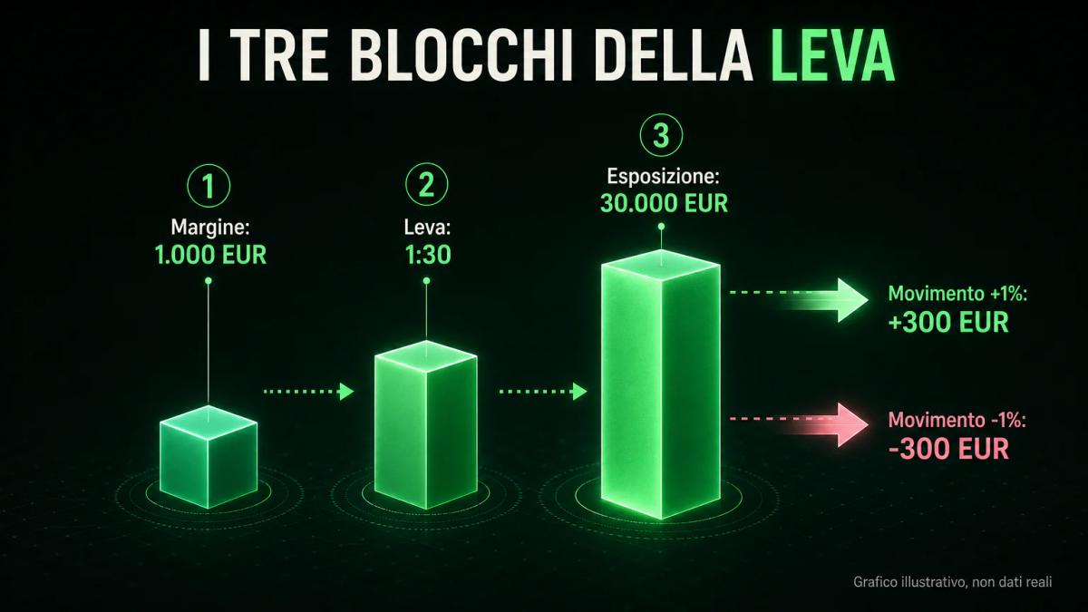 Infografica che mostra il rapporto tra margine, leva e esposizione totale con tre quantità proporzionali