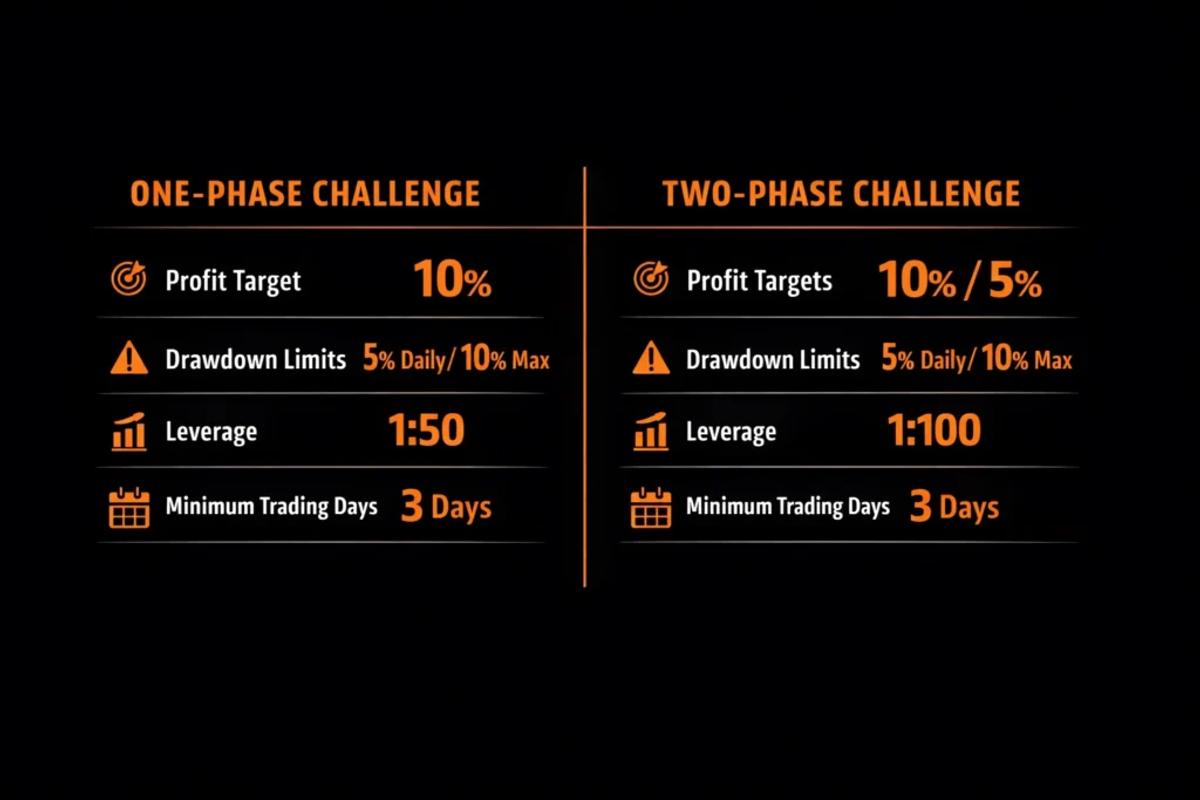 FundedFast One-Phase vs Two-Phase challenge comparison showing profit targets, drawdown limits, and leverage