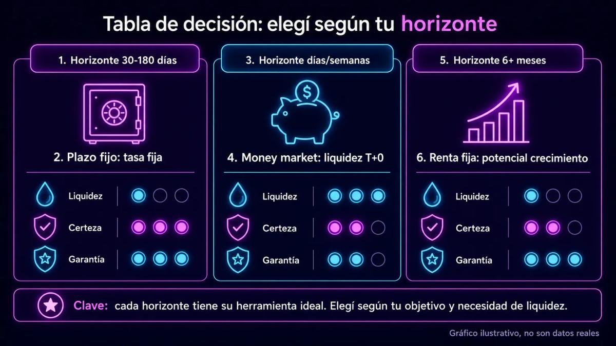 Tabla de decisión con tres perfiles de inversor y sus opciones recomendadas según horizonte temporal