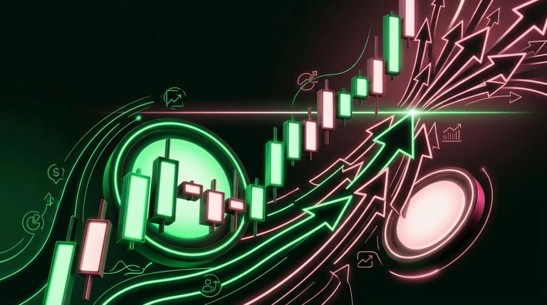 Grafico di prezzo con frecce di acquisto accelerate verso l'alto e una catena di reazioni a cascata