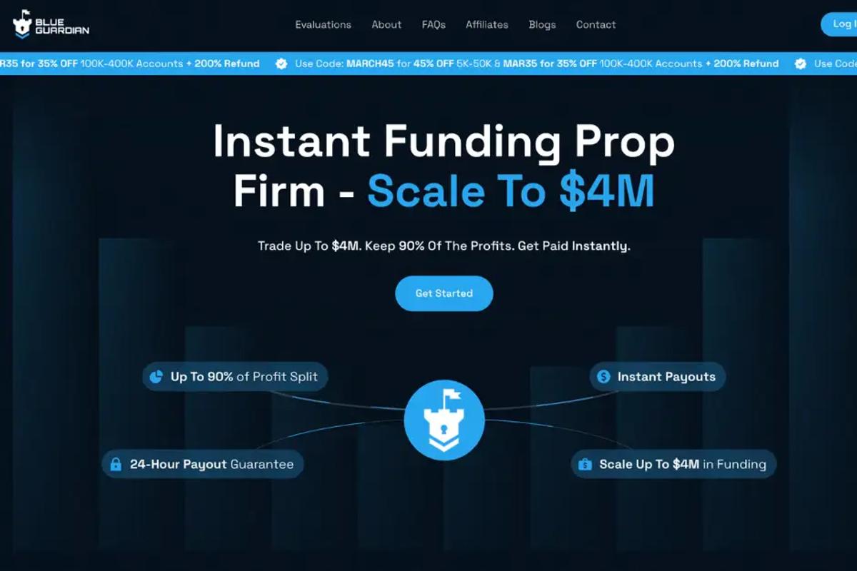 Blue Guardian homepage showing its features