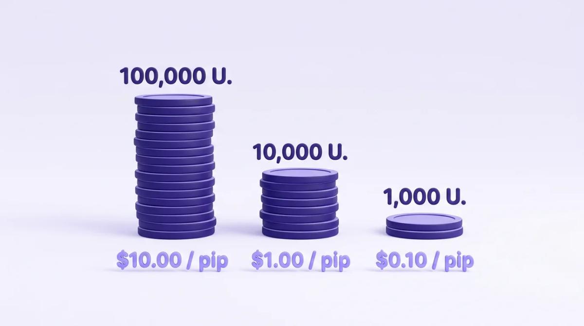 Tabla comparativa de valores de pip en lote estándar, mini y micro para EUR/USD