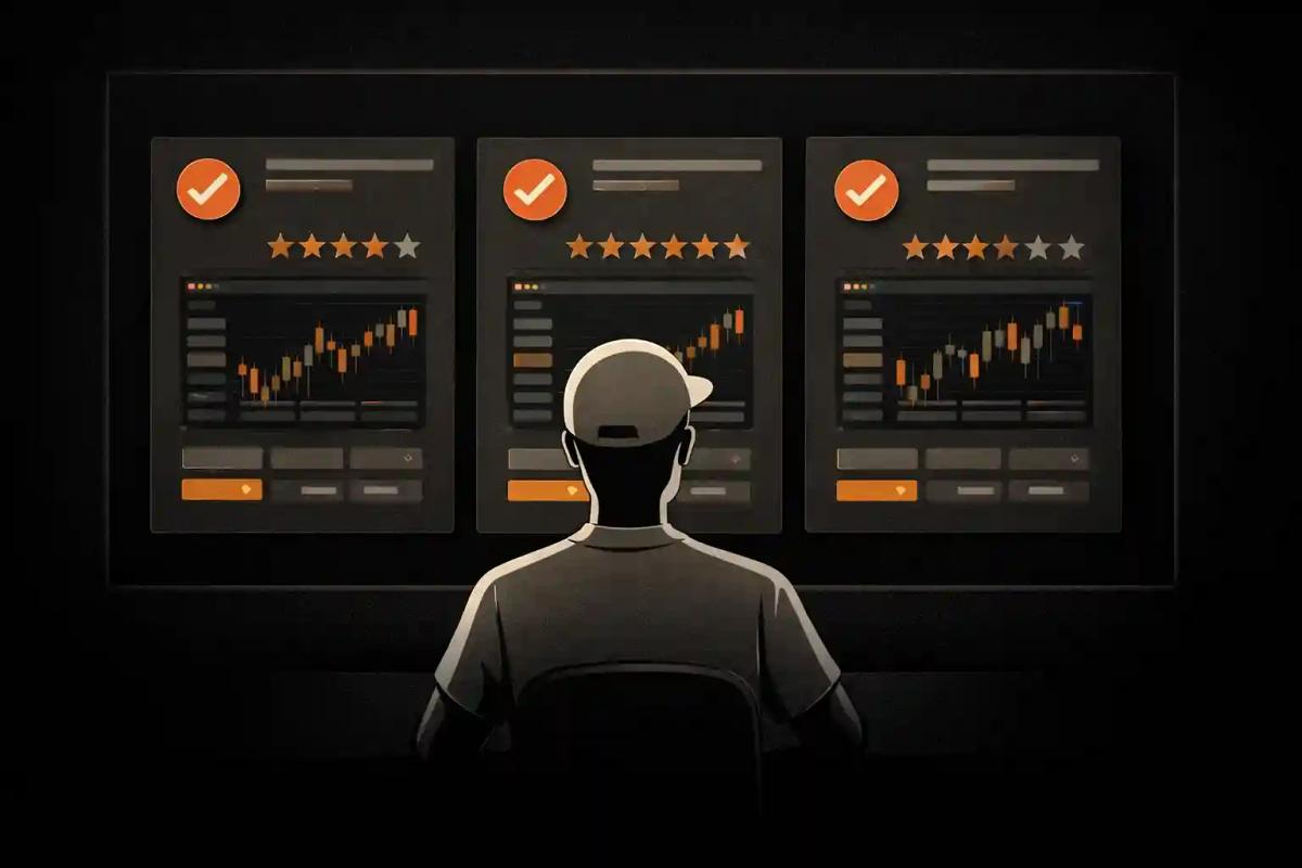 Trader comparing CFD broker options on screen with checkmarks and rating indicators