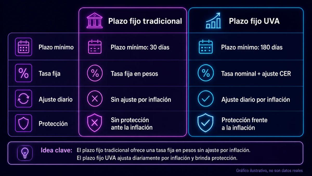 Tabla comparativa de plazo fijo tradicional versus UVA con columnas de plazo mínimo, tasa, ajuste y protección