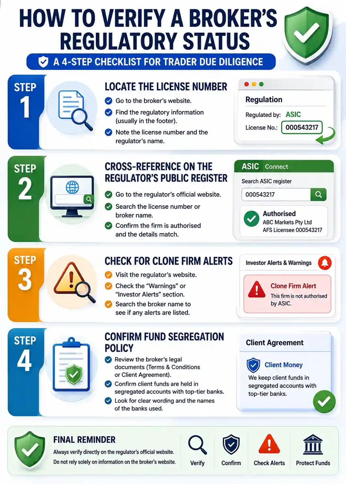 How to verify forex broker regulatory status step by step checklist for trader due diligence